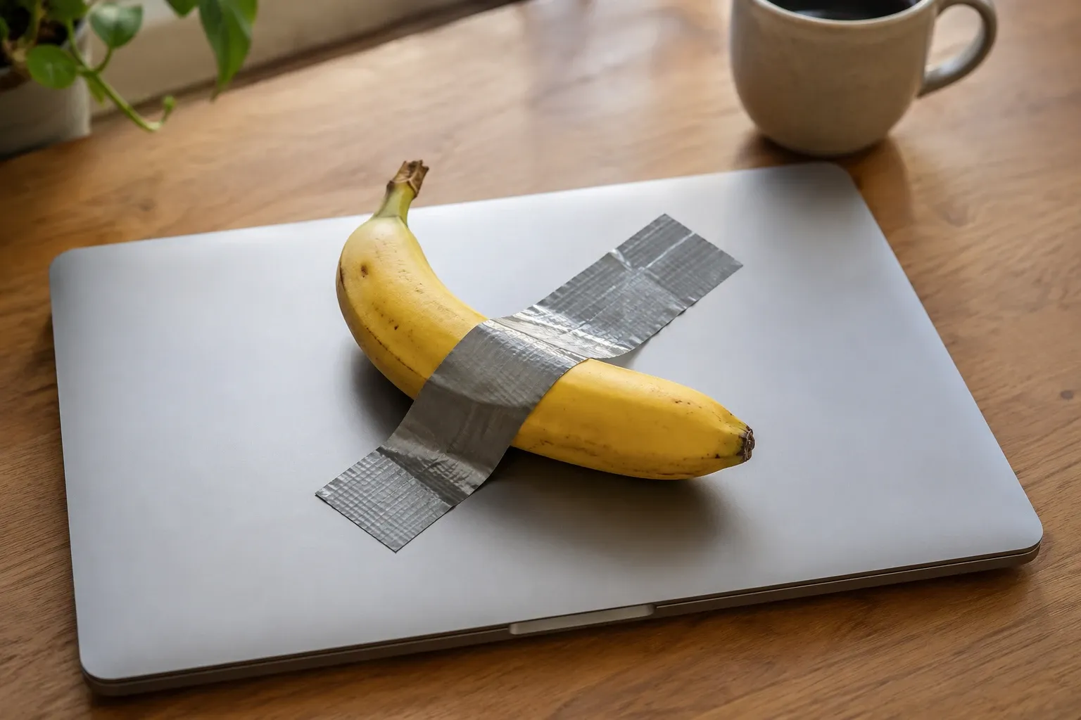 Eine Banane, mit Gaffa-Tape auf einen zugeklappten Laptop geklebt, KI-generiert
