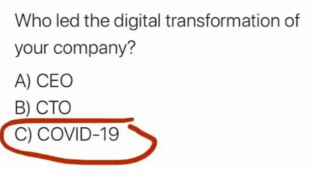 Umfrage-Witz: „Wer hat die digitale Transformation Ihres Unternehmens angeführt? A) CEO, B) CTO, C) COVID-19“ – Antwort C ist rot eingekreist
