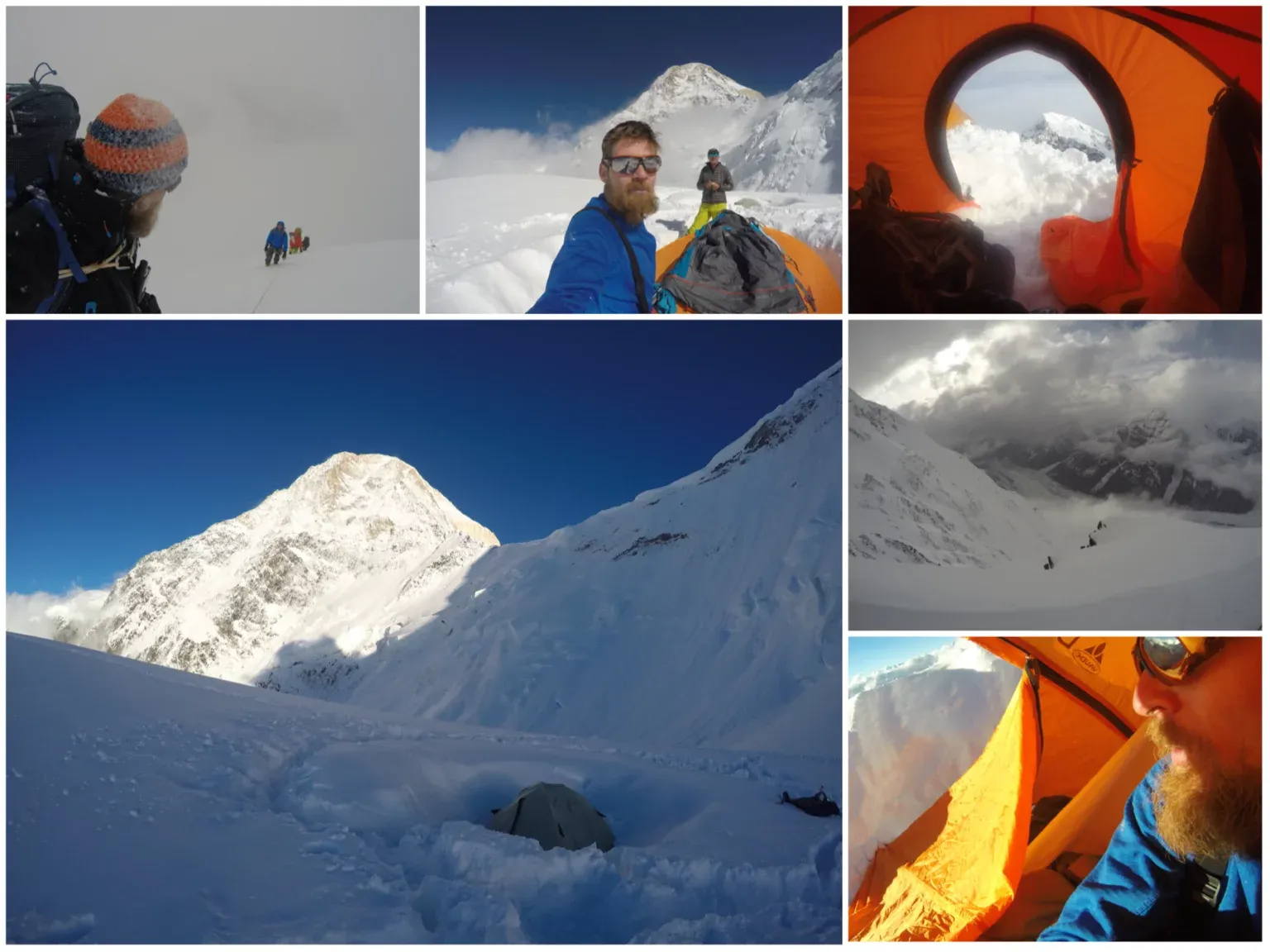 Collage der Khan-Tengri-Expedition: Aufstieg im Nebel, Zeltplatz im Schnee, Blick aus dem Zelt auf den Gipfel