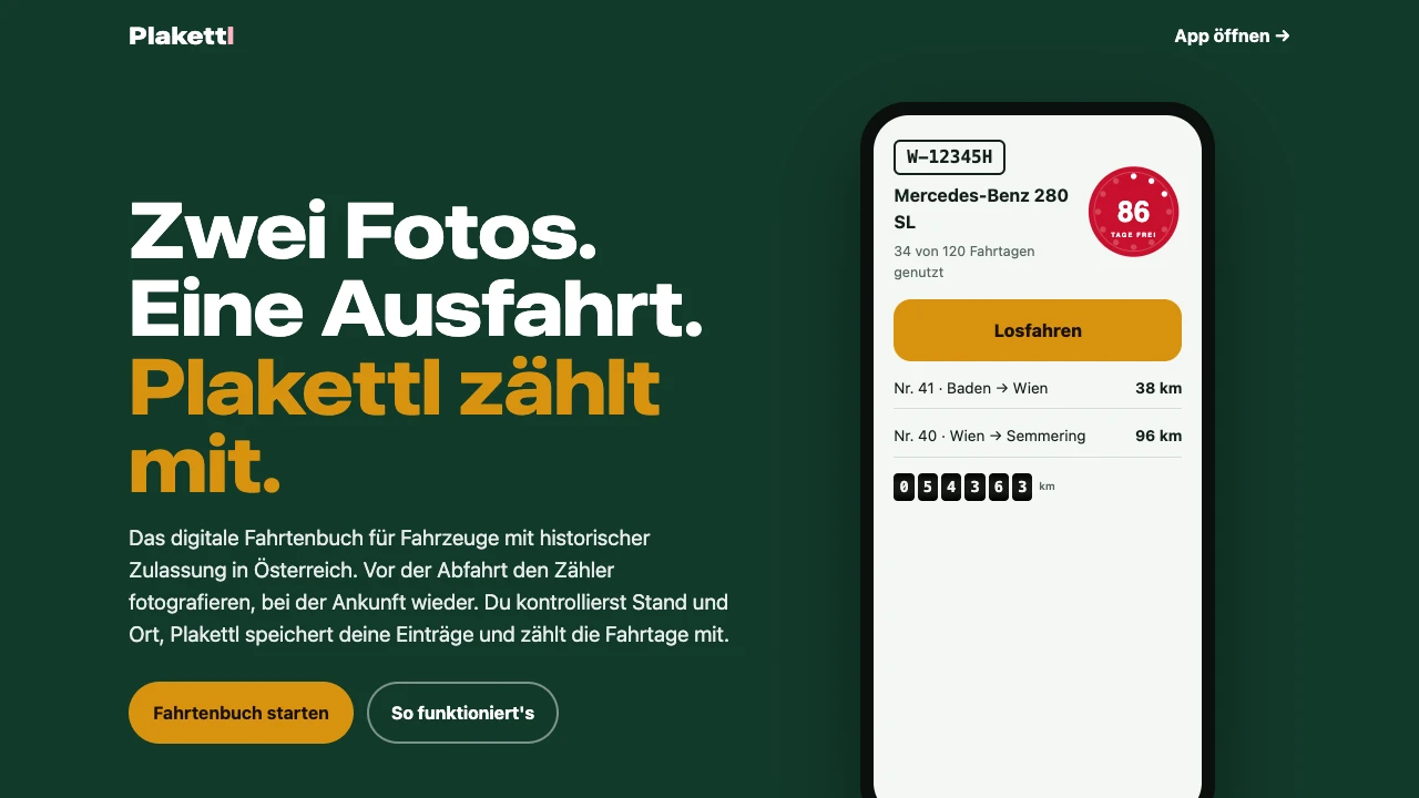 Plakettl-Startseite: digitales Fahrtenbuch für historische Fahrzeuge mit beispielhafter Handyansicht und Fahrtagezähler.