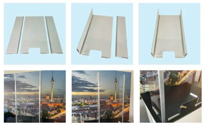 Spuck- und Niesschutz von Posso Marketing: Bauteile und aufgestellte Schutzwand am Verkaufstresen