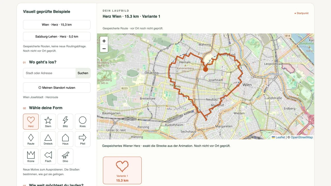 ShapeRun: eine herzförmige Route durch Wien auf einer OpenStreetMap-Karte, daneben die Formauswahl.
