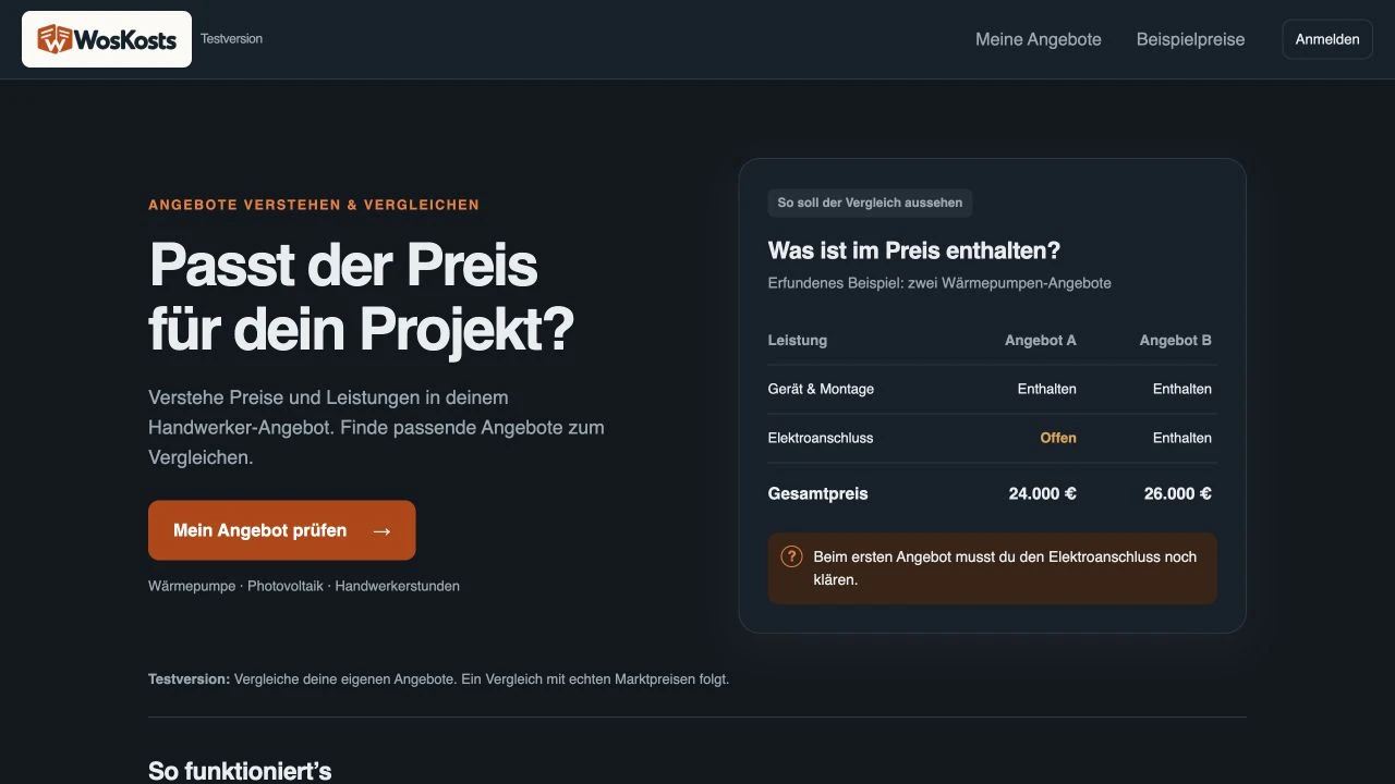 WosKosts-Pilotstartseite: Zwei ausdrücklich fiktive Angebote veranschaulichen den Unterschied zwischen Preis und Leistungsumfang.