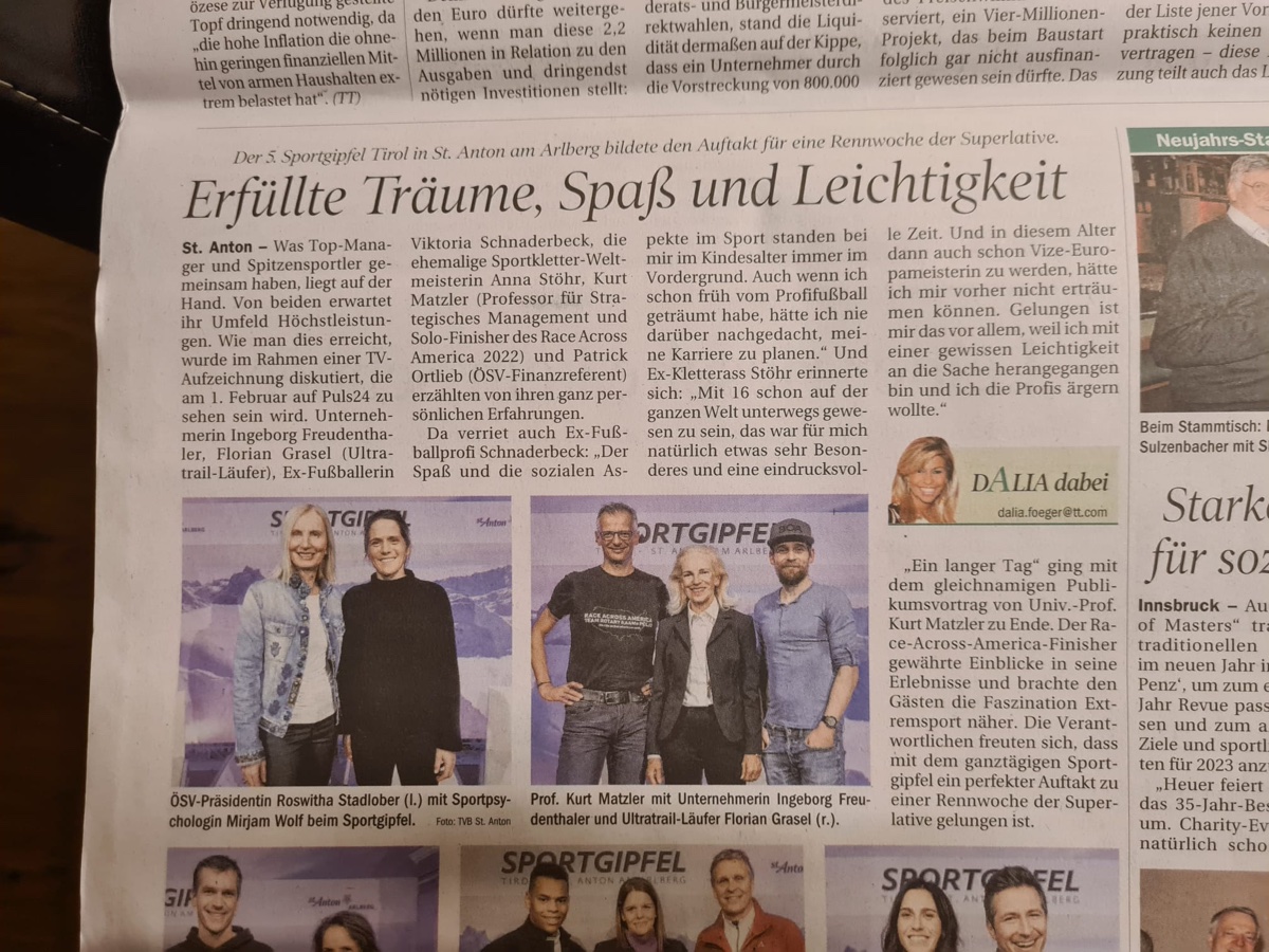 Medienberichterstattung über den Sportgipfel Zeitungsartikel über den Sportgipfel Tirol 2023